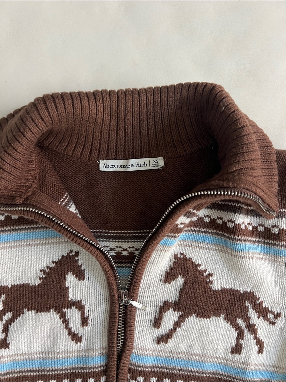 Abercrombie & Fitch Double Zip Foldover Collar Horse Graphic Cardigan Brown XS - Picture 6 of 7
